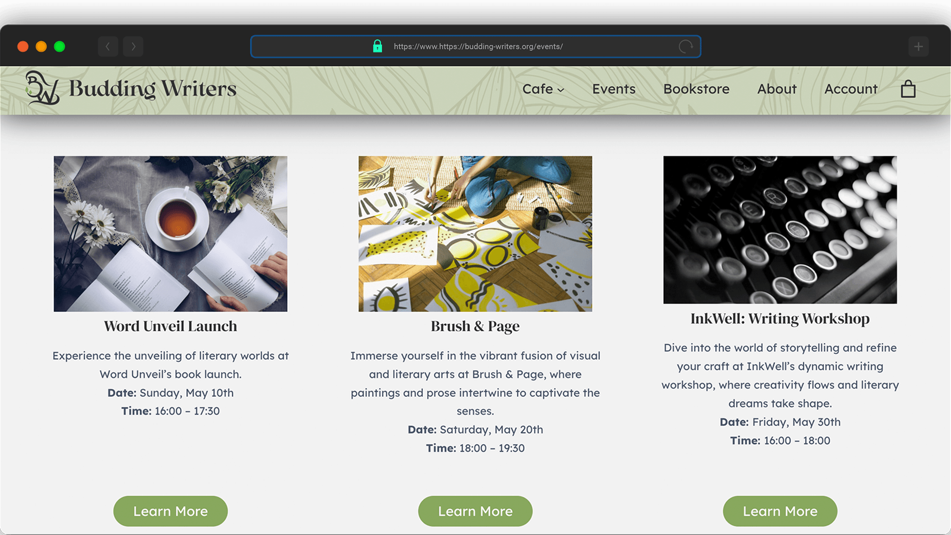 List of upcoming events in events page