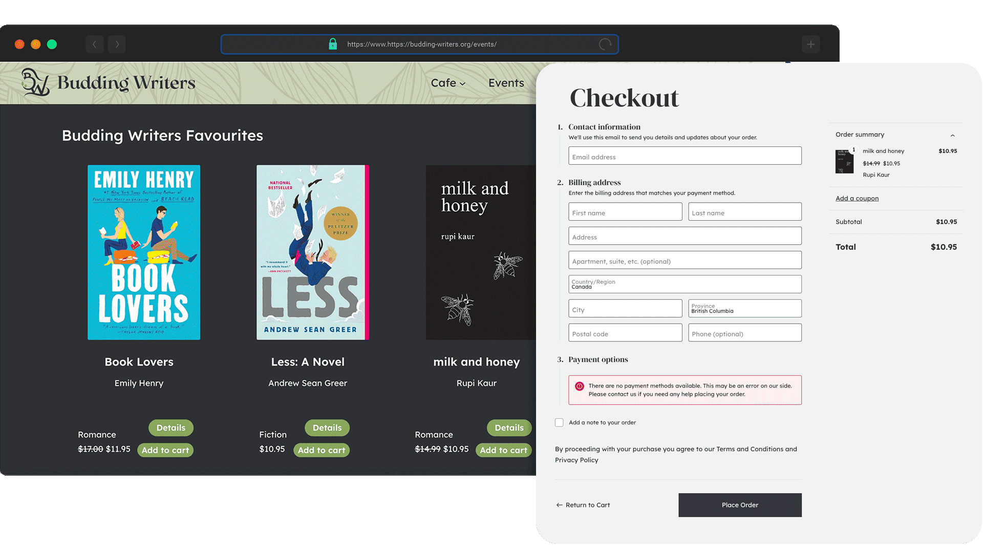 list of books to purchase and checkout form