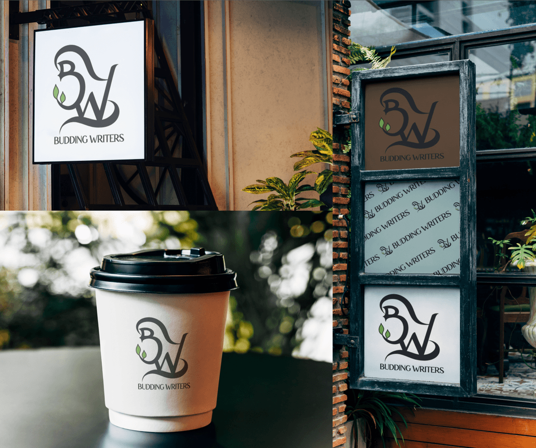 mockups of budding writers logo